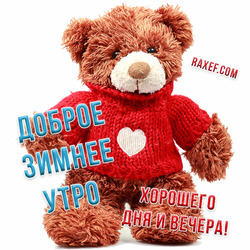 Good winter morning! Postcard with a cute teddy bear in a red sweater and a wish for a good winter morning!