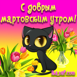 Image Good March Morning! Postcard with a cat and flowers, good morning! March has come! I congratulate everyone on the spring and ...