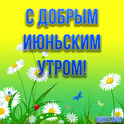 Good June morning! Picture, postcard with daisies, butterflies and a big beautiful blue inscription! Good summer ...