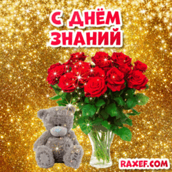 GIF, gif with the day of knowledge, from September 1! Greeting card with roses and teddy bear on a gold background! Teddy! Roses are red!