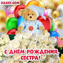 Happy birthday sister! Postcard with a cute teddy bear, white roses and colorful balloons! A picture for my sister!