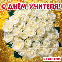 Beautiful postcard with teacher's day! Bouquet of white roses on a gold background! Picture to the teacher!