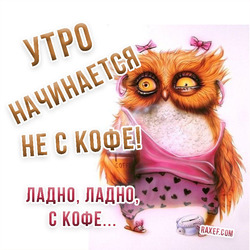 Owl. Postcard with an owl in pink clothes and coffee! Cool postcard, picture. Owl.