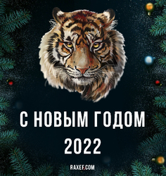 Открытка с тигром на тёмном (чёрном) праздничном фоне с новогодними игрушками и ёлочными ветками. С праздником. С новым 2022 годом!