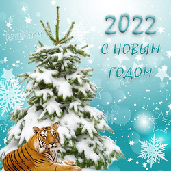 Яркая открытка, картинка с новым годом тигра 2022! Красивая картинка на новогоднем фоне с ёлкой в снегу и тигром!