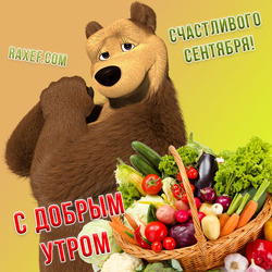С добрым сентябрьским утром! Открытка с большой медведицей из детского мультфильма про Машу и Медведя! Красивая сентябрьская открытка с богатым урожаем для вас!