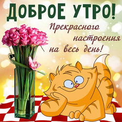 Доброе утро! Картинка красивая с милым котиком! Открытка с розами и рыжим котом!