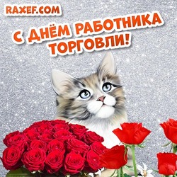 С днём работника торговли! Картинка, открытка с красными розами и с котом!